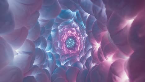 light illuminates a tunnel of soft, round shapes, creating an abstract and dreamy atmosphere with a gradient of colors ranging from pink to blue