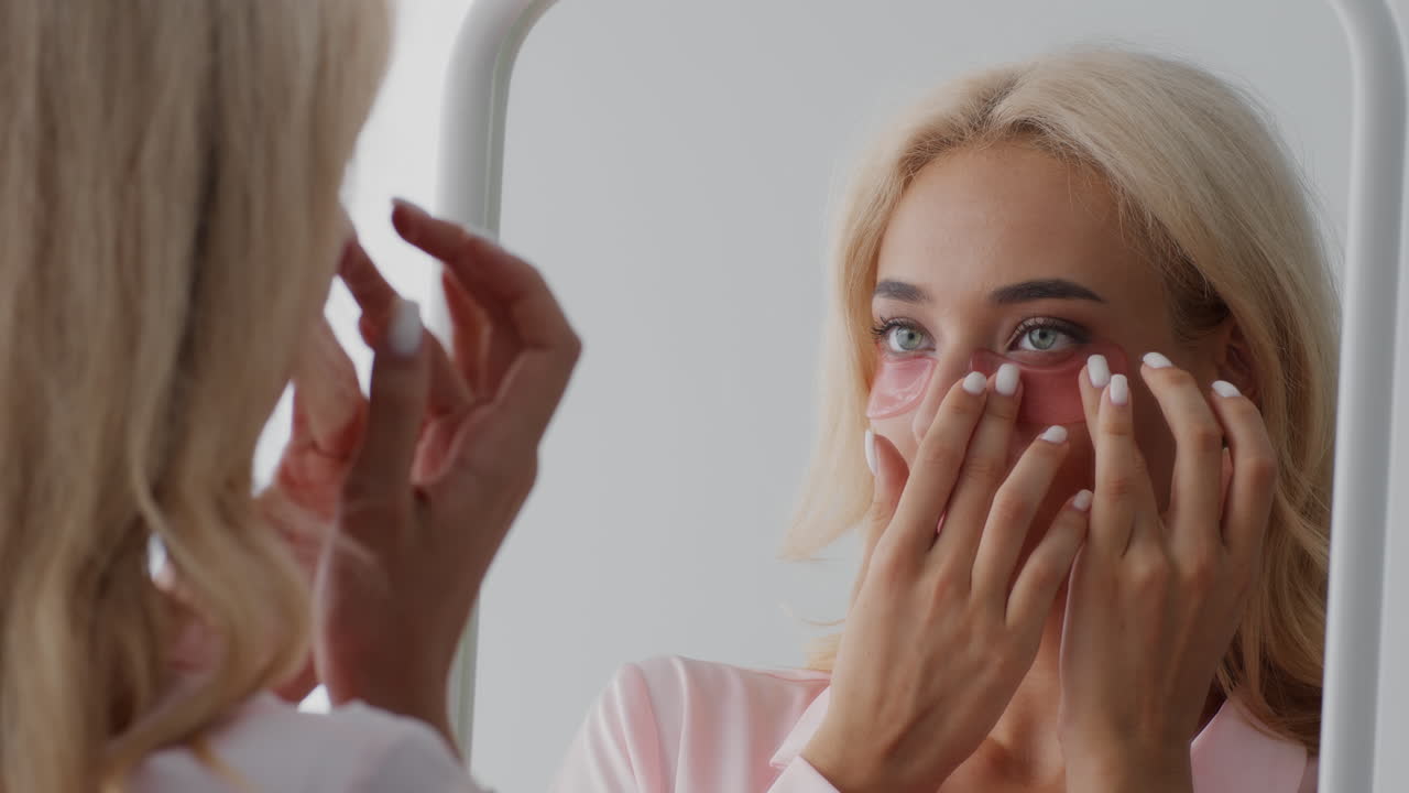 Woman Applying Eye Patches in Front of a Mirror