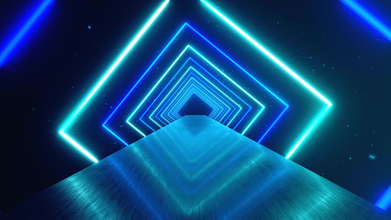 Sfondo geometrico astratto in movimento, quadrati al neon luminosi che creano un tunnel rotante, spettro blu rosa viola, luce ultravioletta fluorescente, illuminazione moderna e colorata, animazione in loop continuo 4K