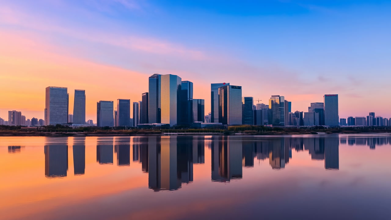 Sunset City Skyline Reflected On Water, Modern Glass Towers Glowing Under Pastel Sky, Perfect Mirror