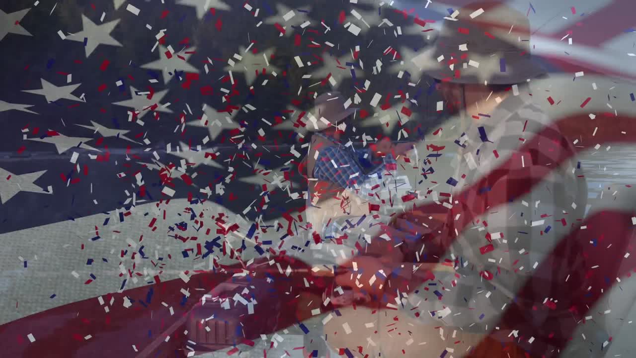 Animation of American flag waving over man in the background