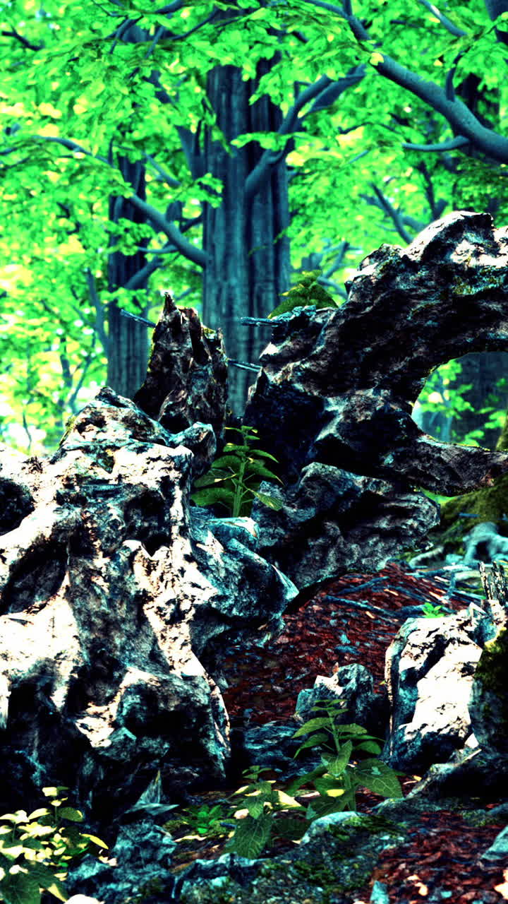 un hermoso bosque con árboles verdes, un tronco de musgo, y la luz del sol filtrando a través de las hojas