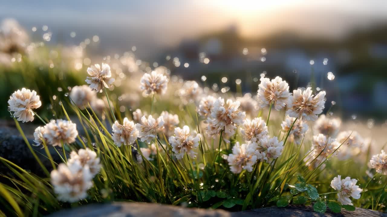 A Tranquil Morning Scene of Dew-Kissed Flowers Bathed in Soft Light, Capturing the Beauty of Nature and the Awakening Day with Graceful Blooms and Glimmering Dewdrops