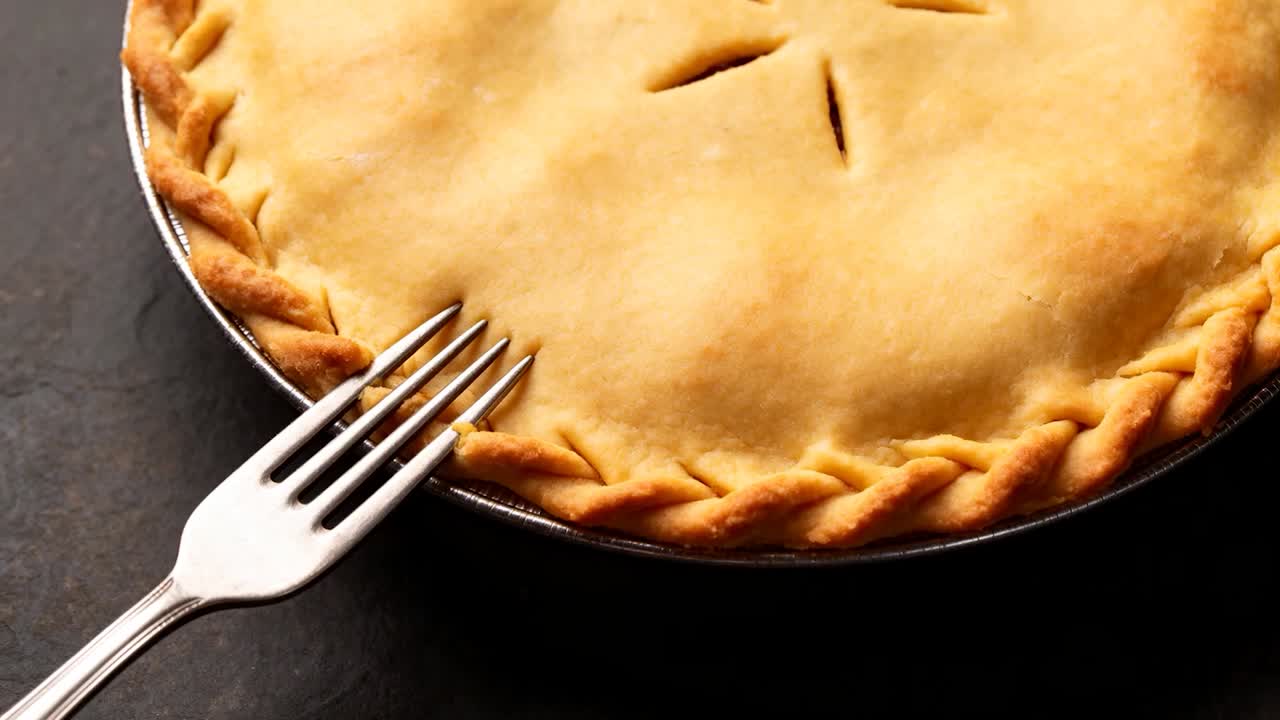Crimping braided crust, fork entering left pressing rim in metal pie tin in kitchen sealing filling