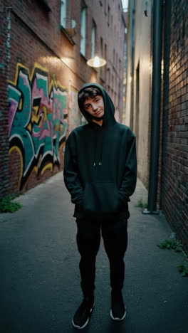 teenager in a dark hoodie in a city alleyway