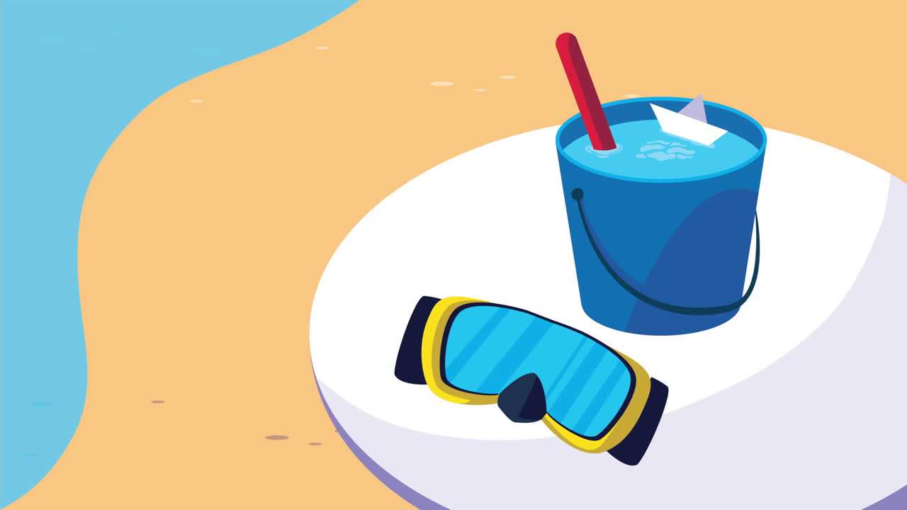 바구니와 안경과 함께 해변에서 여름 시즌