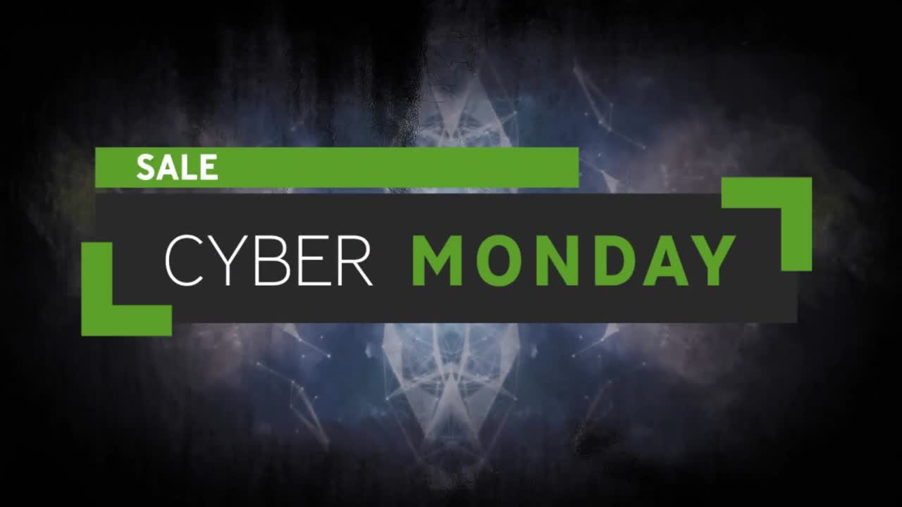 Digital animation of cyber monday sale text banner against kaleidoscopic pattern on blue background