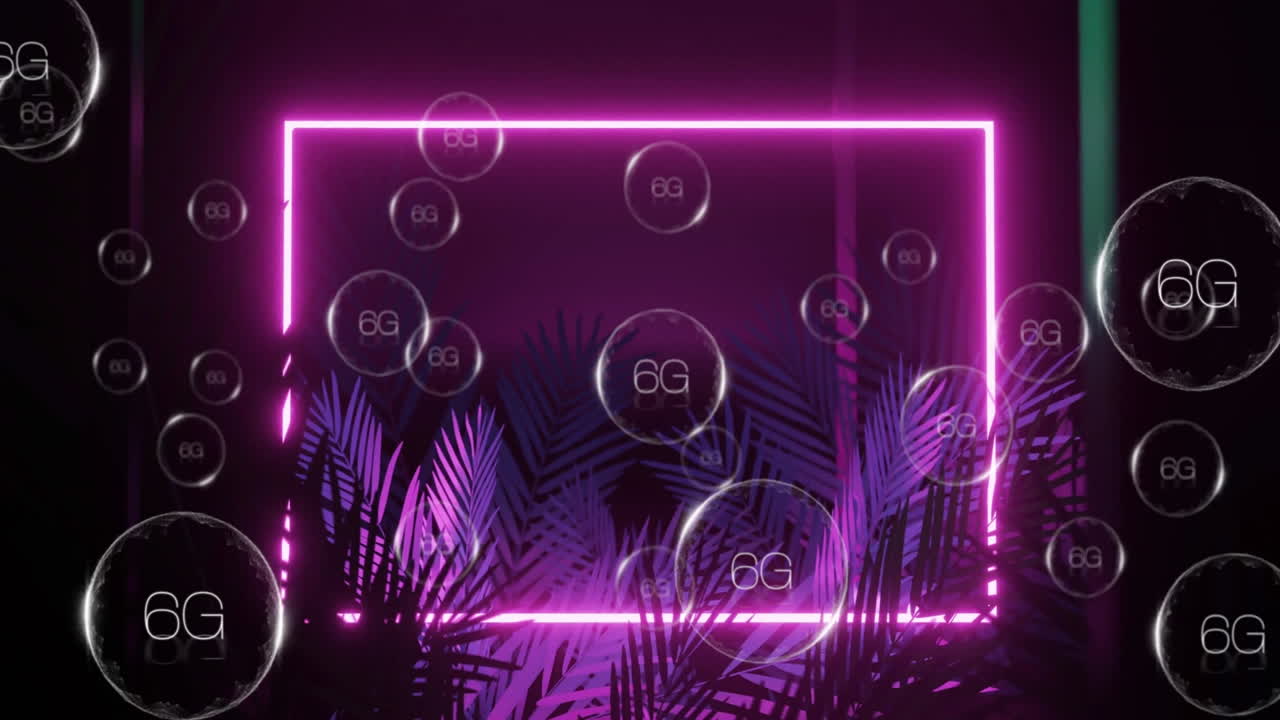 Animation of neon pink rectangle with 6G text bubbles over palm leaves