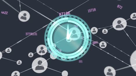 animación de puntos conectados sobre reloj digital y números cambiantes contra un fondo negro.