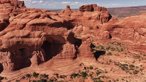 Panoramic-drone-image-showcasing-rock-formations-in-Arches-National-Park,-Utah,-United-States