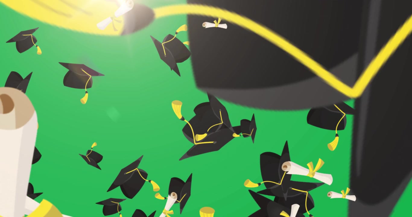 Tocchi di laurea e diplomi che cadono su sfondo schermo verde