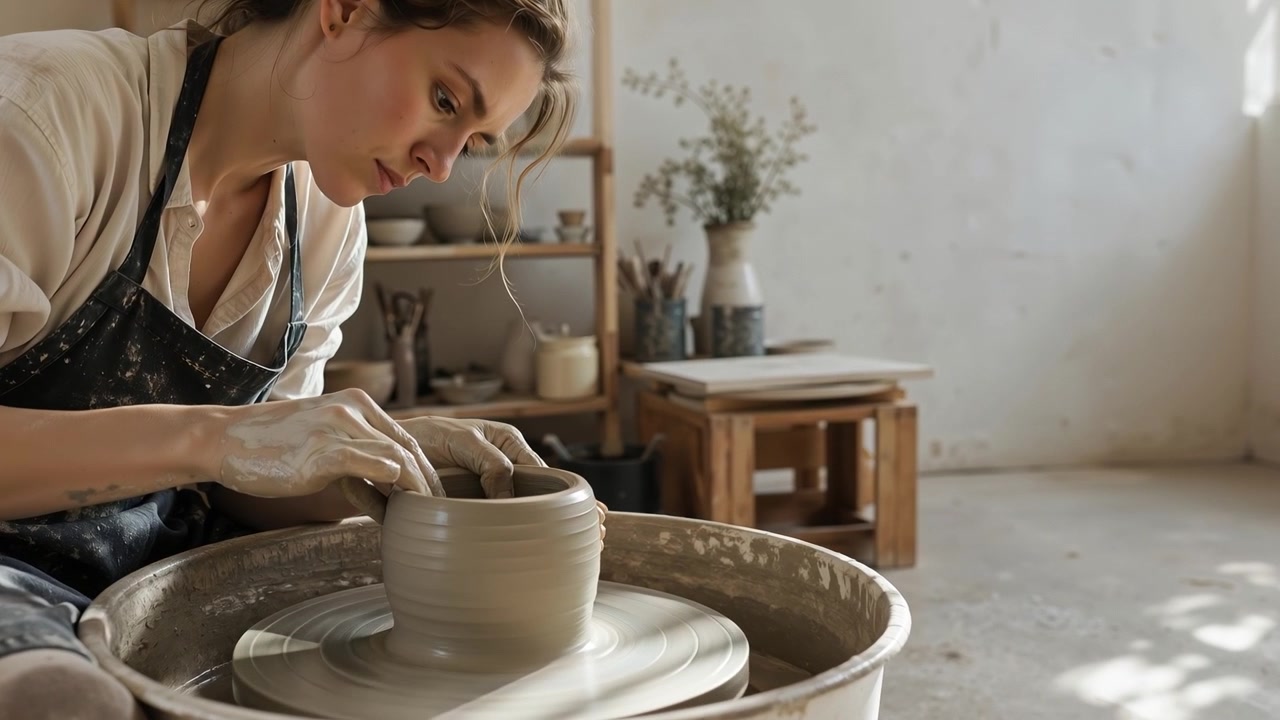 Jovem mulher focada moldando um vaso de argila em uma roda de oleiro em seu estúdio de arte