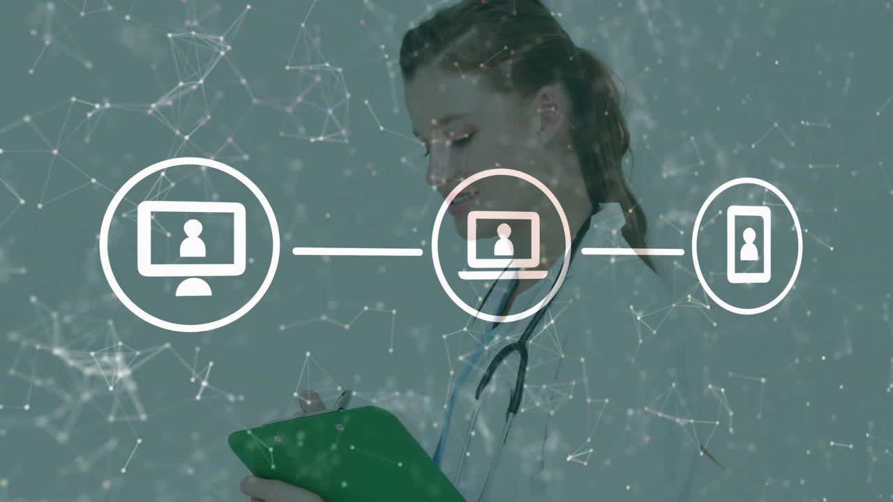 Writing on clipboard, doctor with medical data network animation overlay