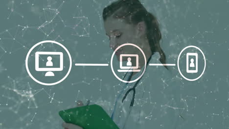 writing on clipboard, doctor with medical data network animation overlay