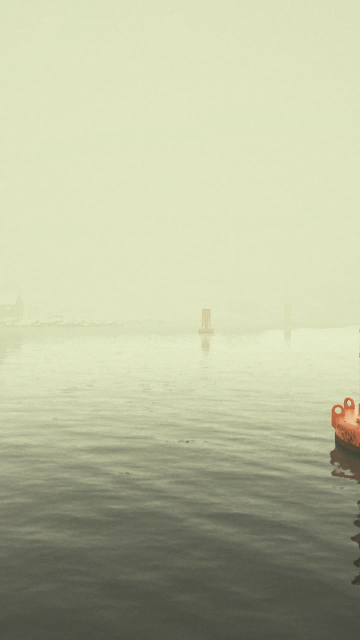 Bright orange buoy in a foggy harbor during early morning hours