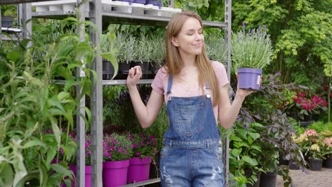 joven y bonita mujer jardinera posando en un stand con flores en macetas