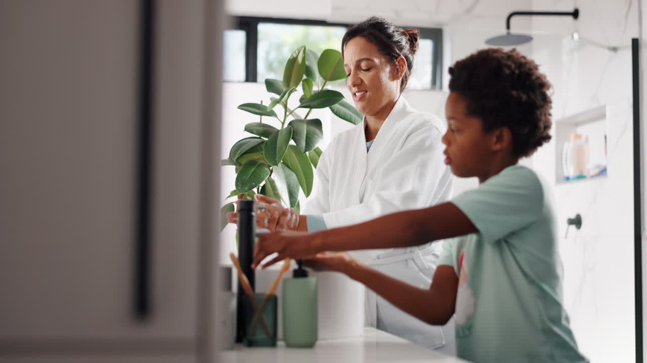 Mother and Child Washing Hands in Modern Bathroom