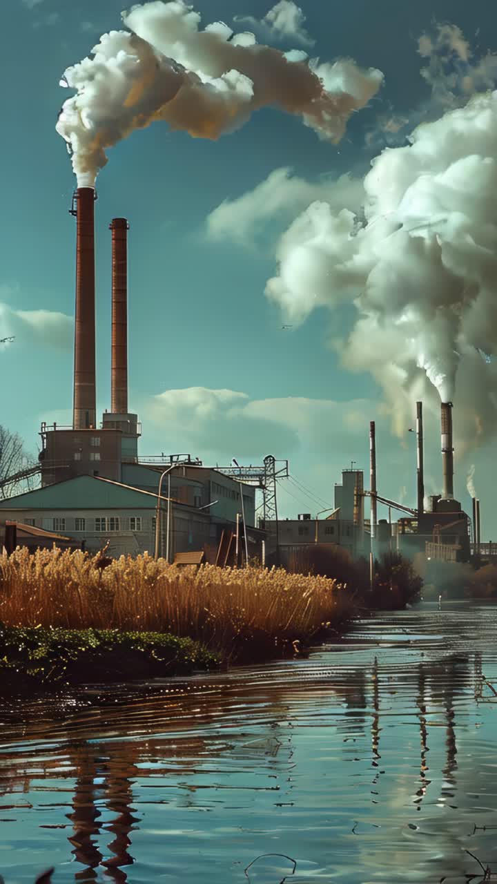 A factory with smoke coming out of it and a contaminated river