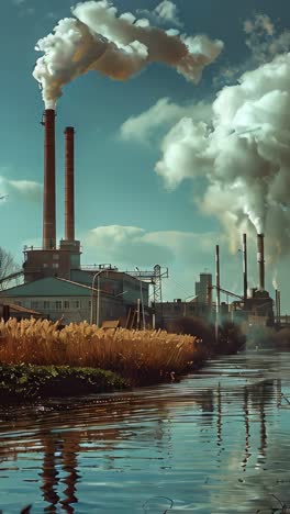 a factory with smoke coming out of it and a contaminated river