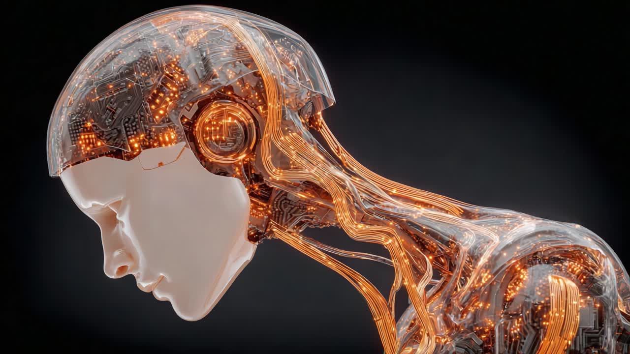Futuristic AI Robot Head Design Featuring Intricate Wiring and Illuminating Circuits, Showcasing the Evolution of Technology and Human-Robot Interaction