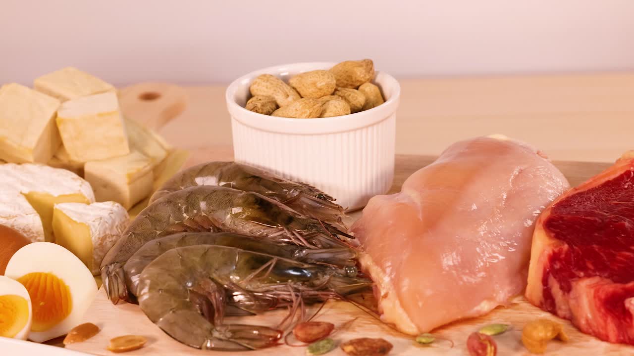 색 배경에 다양한 단백질 원천