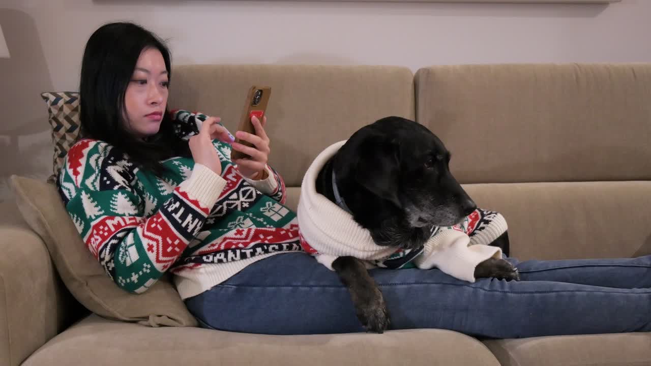 Asian woman, smartphone in hand, shares the couch with her senior black labrador, both adorned in festive Christmas sweaters