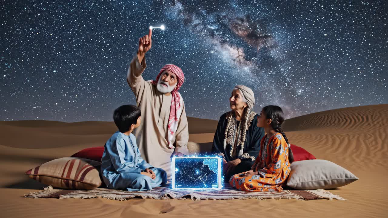 Arab Family Exploring Constellations in the Desert