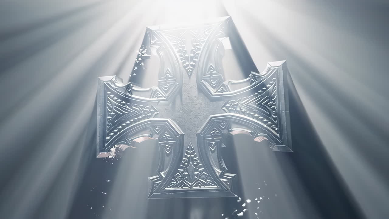 Ornate Metal Cross in Shattered State with Illuminated Light