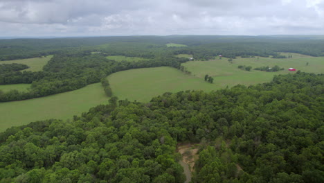 Panorámica-Lenta-Sobre-Un-Hermoso-Paisaje-Con-Bosques-Y-Campos-Verdes