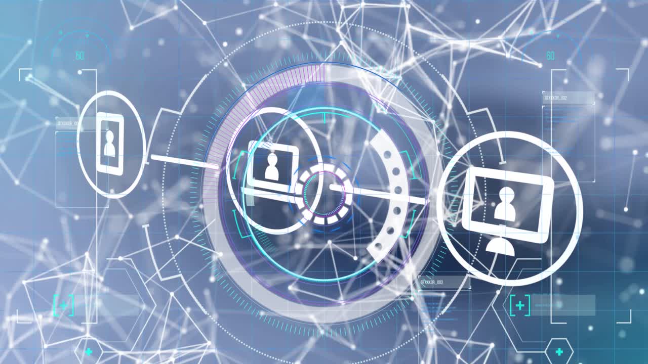 iconos digitales y red de conexiones contra un escáner redondo sobre fondo azul