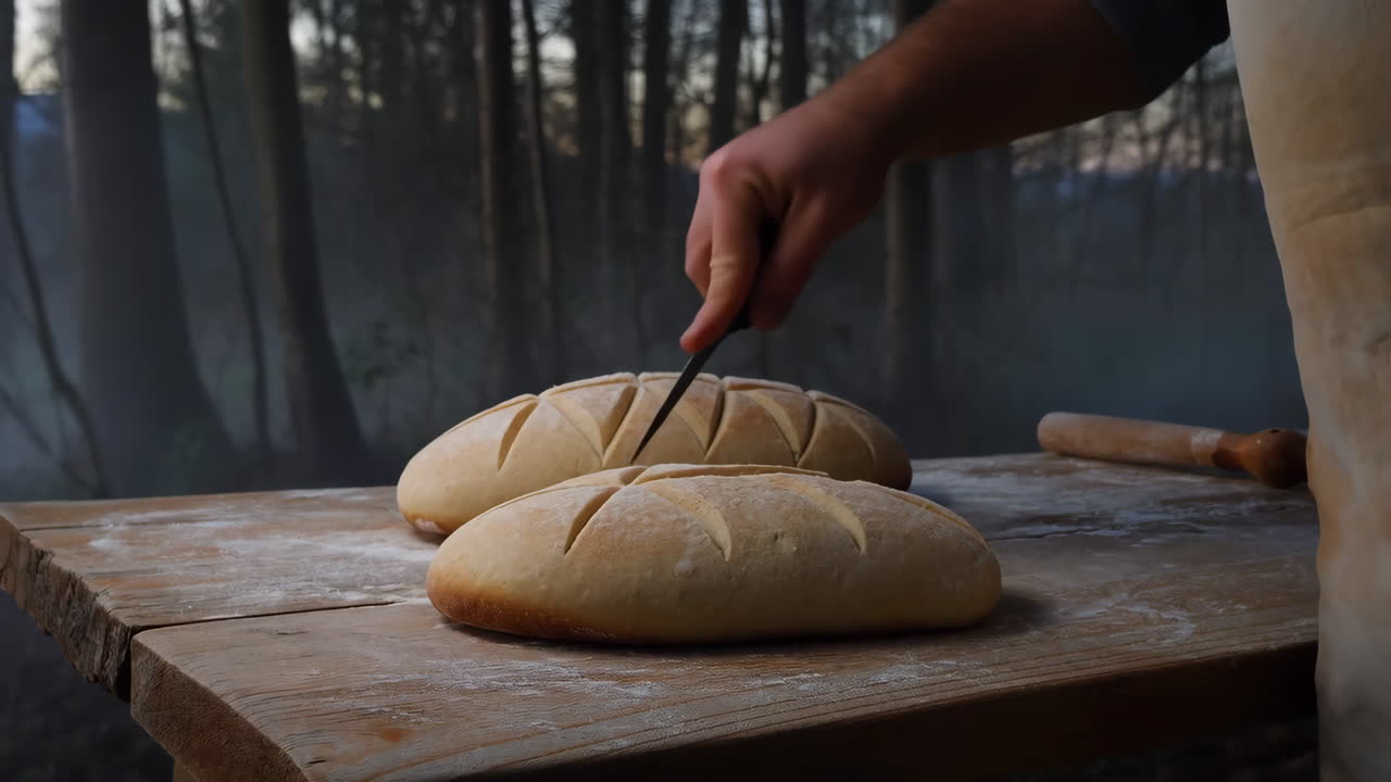 Scoring Freshly Prepared Bread Dough in a Rustic Outdoor Setting