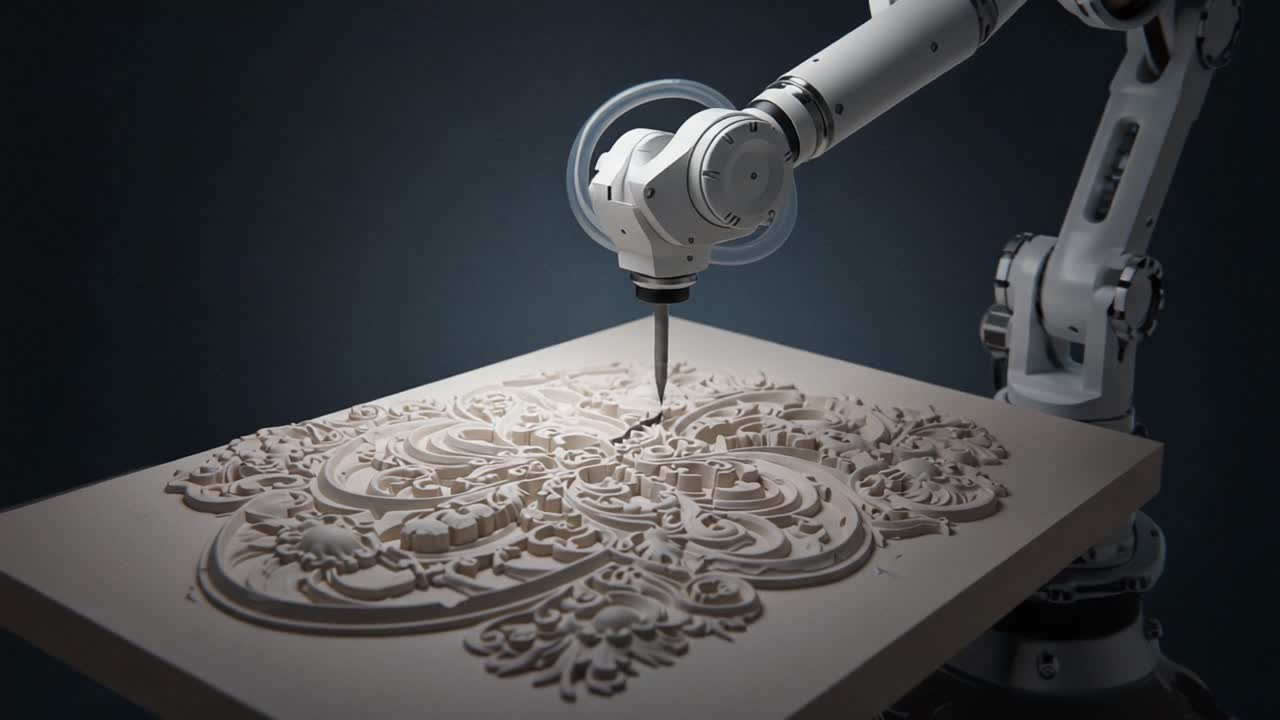 Intricate Robotic Carving: A Close-Up Look at an Advanced Robotic Arm Engaged in Precision Woodworking, Creating Ornate Patterns on a Wooden Surface
