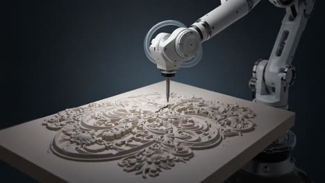 intricate robotic carving: a close-up look at an advanced robotic arm engaged in precision woodworking, creating ornate patterns on a wooden surface