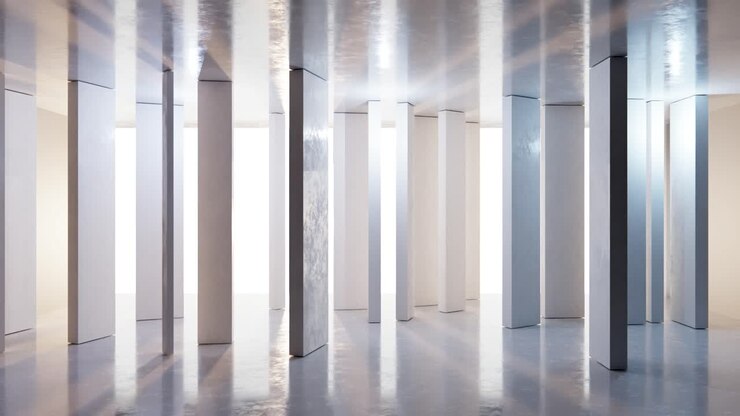 Stanza astratta moderna con colonne rotanti e luce