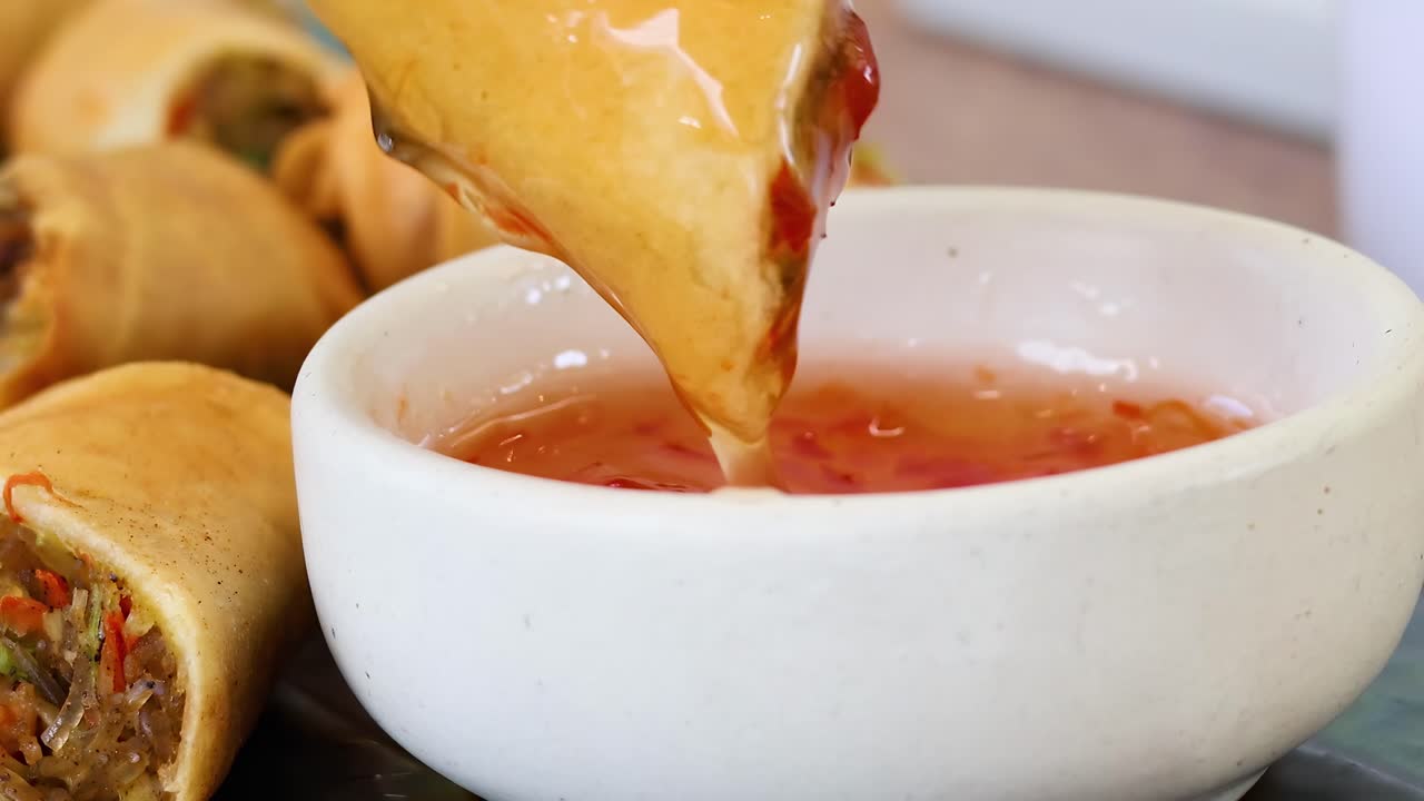 A spring roll is repeatedly dipped into a bowl of sweet chili sauce, showcasing a delicious culinary moment.