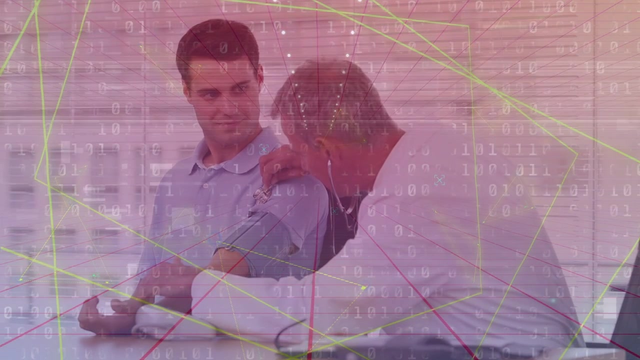 Patient holding device initiating doctor placing cuff checking blood pressure under binary overlay