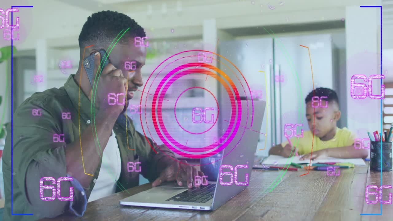 Animation of scan scope over african american father and son using laptop