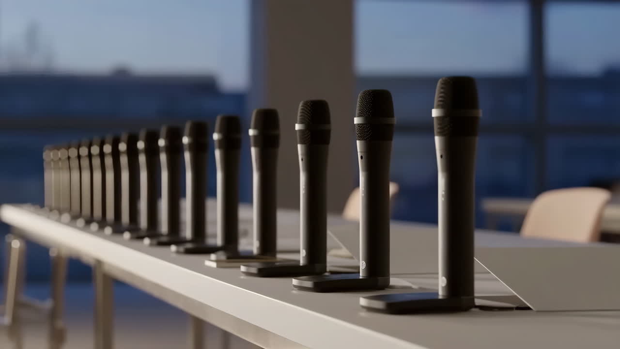 A row of microphones set up on a table in a conference room