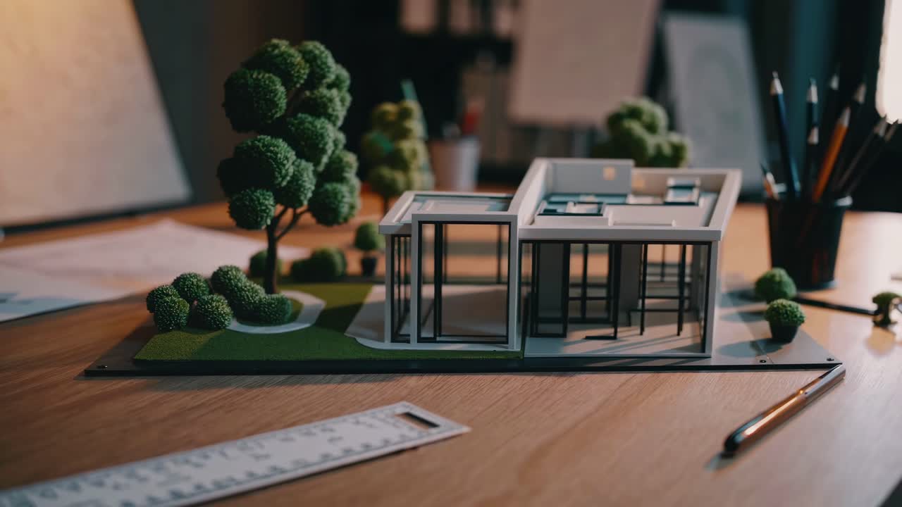 Architectural model of a modern house on a desk, captured at a low angle