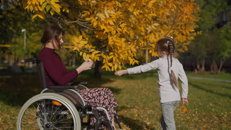 mother in wheelchair and child play with autumn leaves