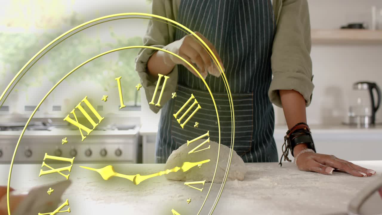 Home baker at counter sprinkling flour and shaping dough, rotating Roman clock overlay showing time