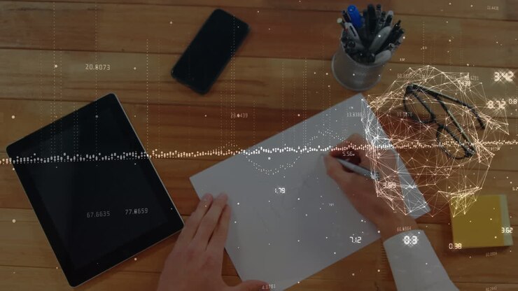Animation of financial data processing and globe over man writing