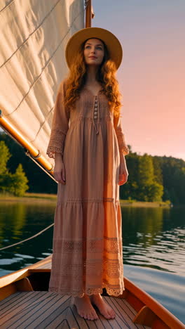 woman in a straw hat and dress standing on a sailboat at sunset
