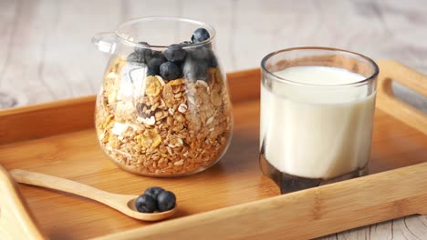 healthy granola breakfast with milk and blueberries