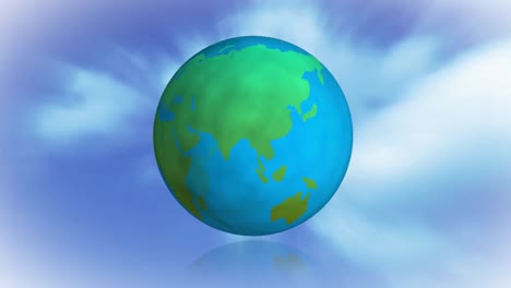 Digitally-animated-turning-earth-with-clouds-and-blue-sky-backdrop-