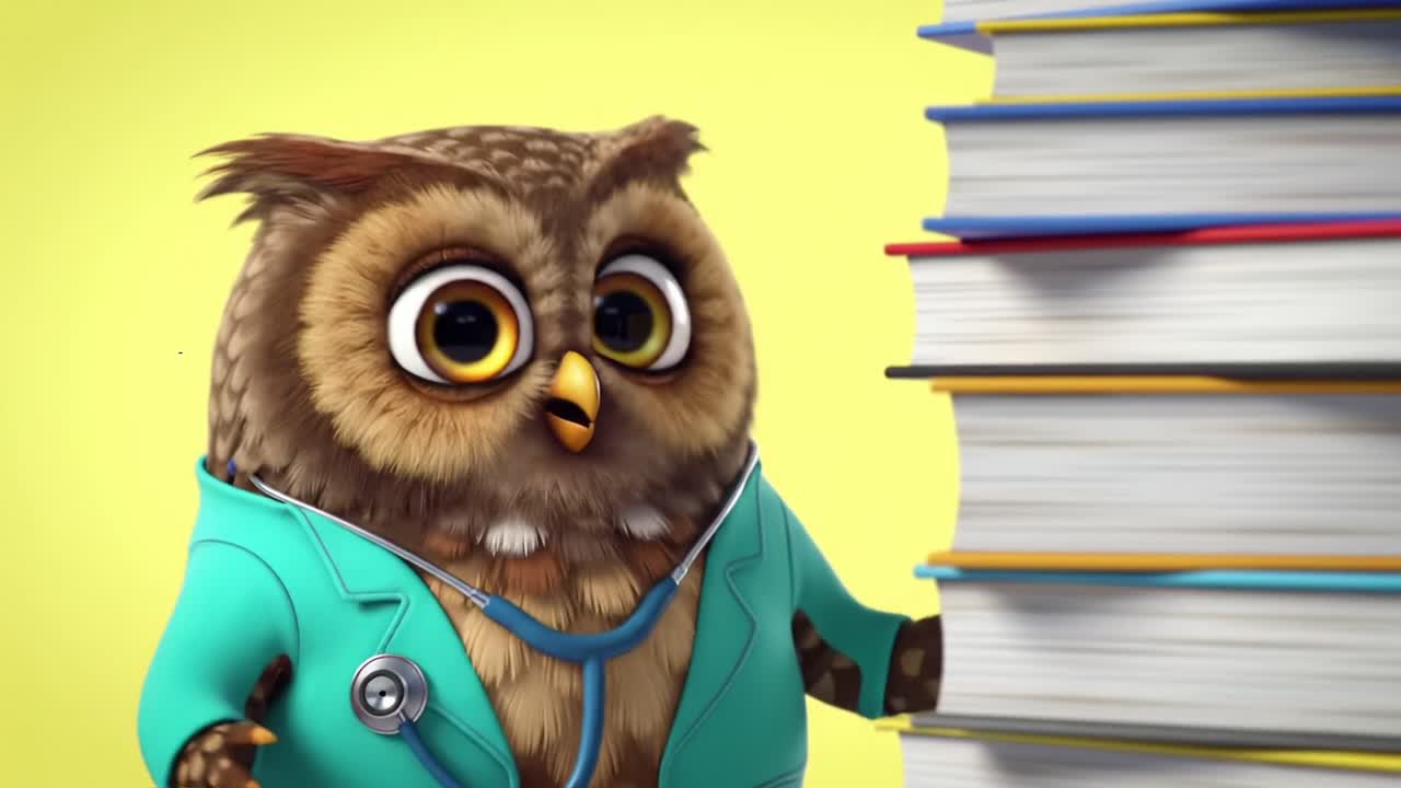 A charming animated owl in a turquoise coat stands beside a tall stack of books, exuding a wise and playful aura, perfect for a quirky educational theme