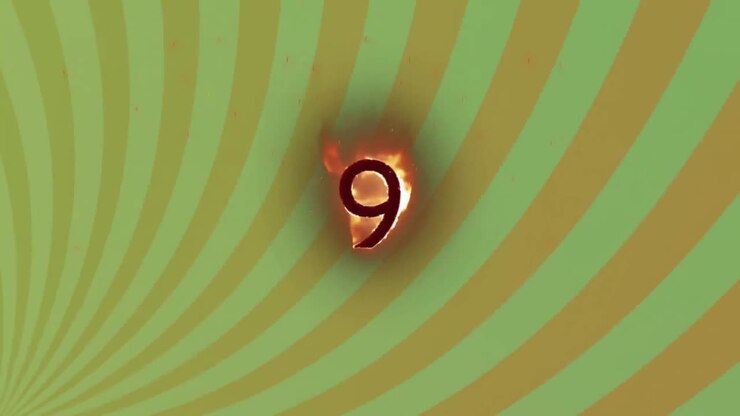 Animazione di numero in fiamme su sfondo a strisce