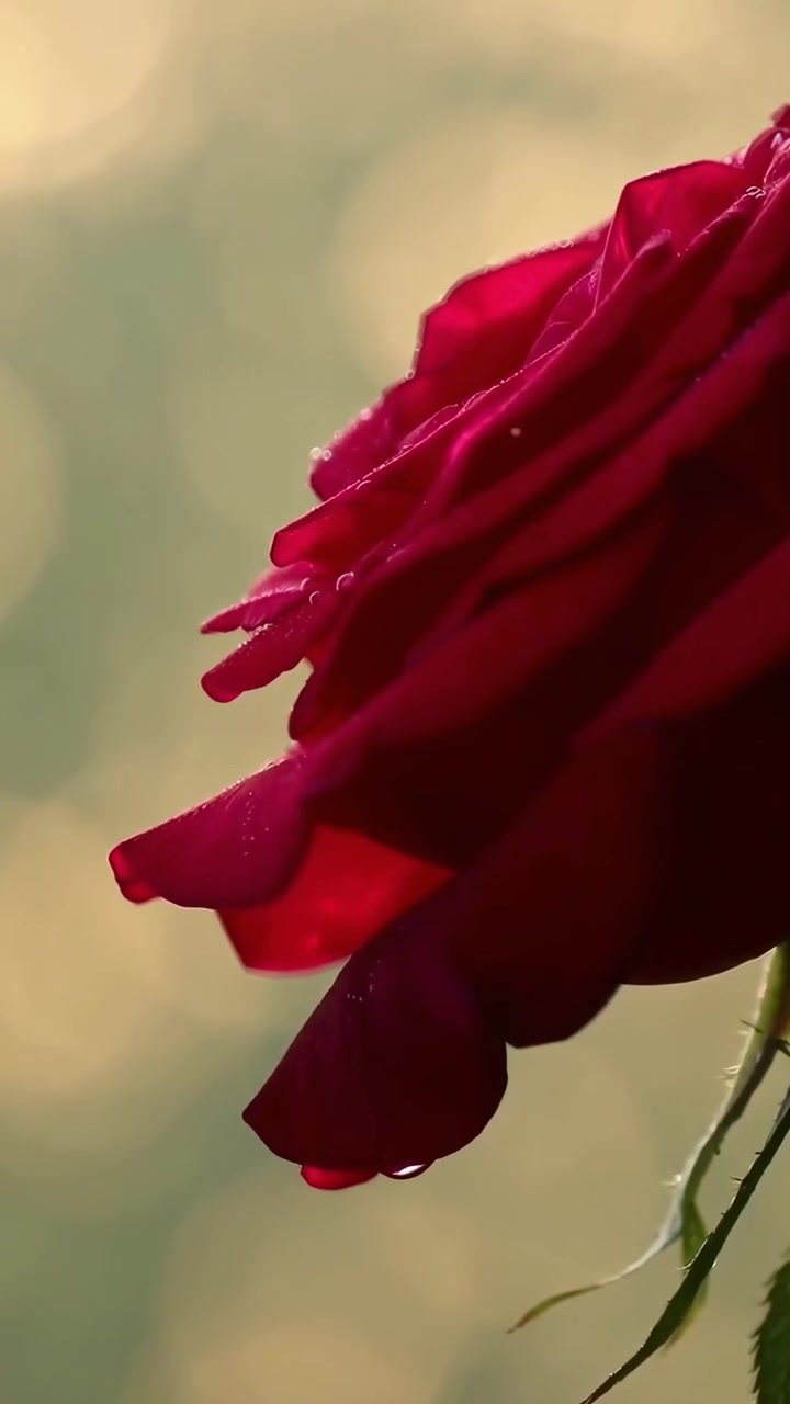 Primo piano di petali di rosa rossa con gocce di pioggia che cadono