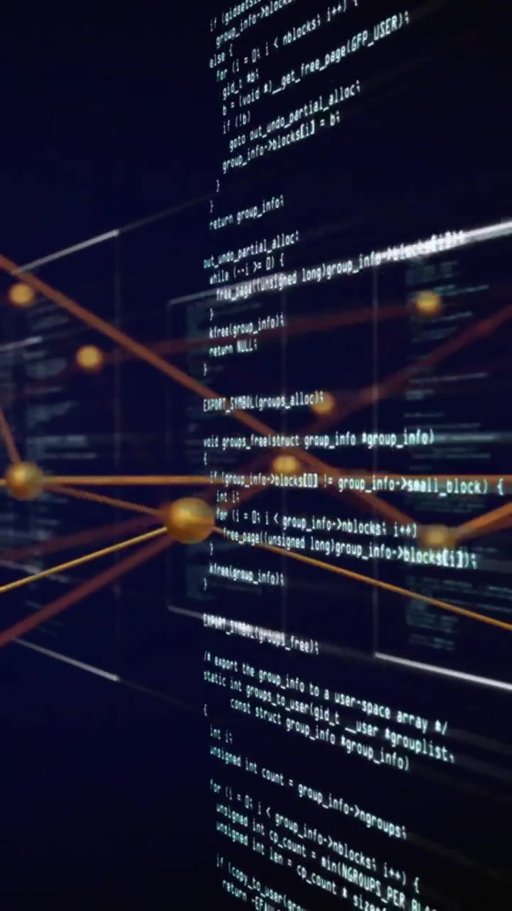 Vertical video: Camera panning starting 3D panels shifting nodes forming trails showing data flow