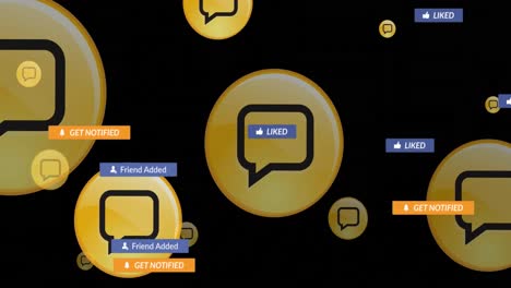 animación de iconos de redes sociales con textos sobre burbujas de habla en fondo negro